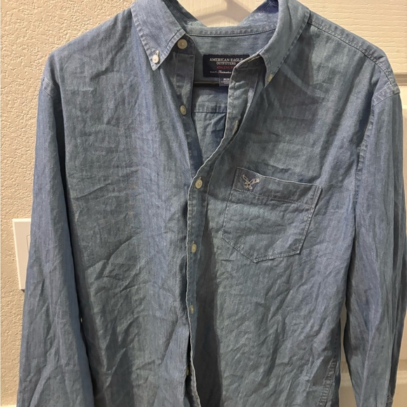 American Eagle Outfitters Button Up Shirt Mens M Blue Denim Long Sleeve Slim Fit - Picture 2 of 15